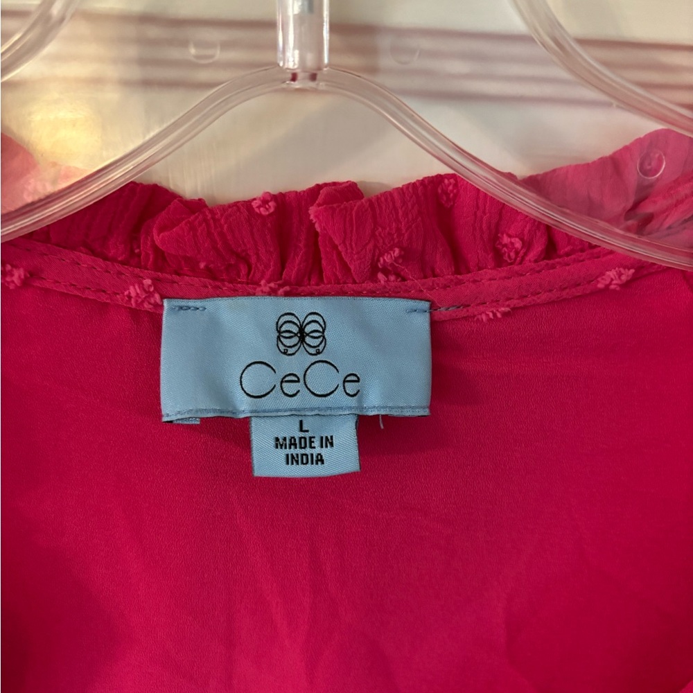 CeCe Hot Pink Clip Dot Babydoll Dress L | Long Sleeve Balloon Sleeve - Picture 3 of 9
